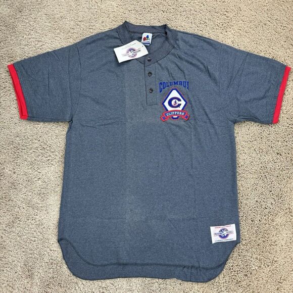 Vtg Columbus Clippers MiLB Jersey Mens L Gray Red Patch Logo Henley T Shirt NOS* - Picture 1 of 14